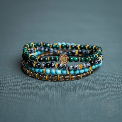 A close-up view of a stacked set of four crystal bracelets featuring turquoise, malachite, smoky quartz, and snowflake obsidian displayed on a textured teal fabric surface. — for Carpe Diem Dream