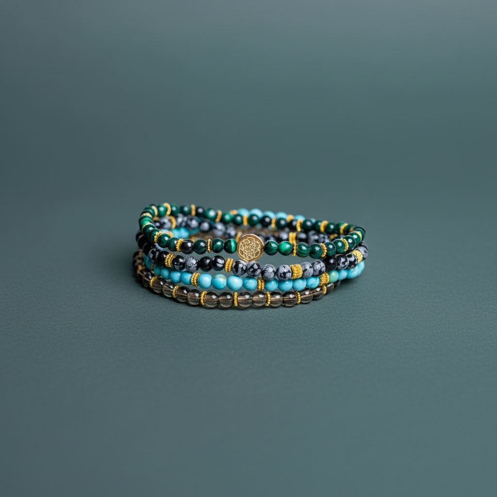 A stacked set of four crystal bracelets featuring turquoise, malachite, smoky quartz, and snowflake obsidian arranged on a muted teal background. — for Carpe Diem Dream