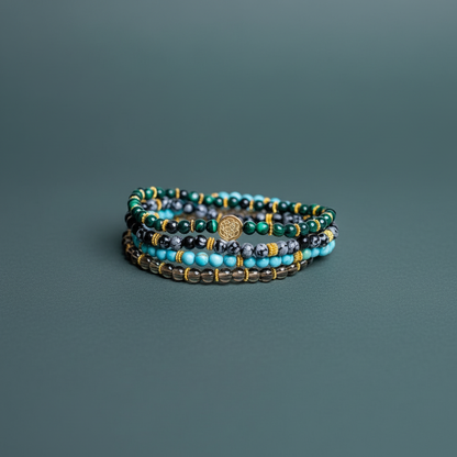 A stacked set of four crystal bracelets featuring turquoise, malachite, smoky quartz, and snowflake obsidian arranged on a muted teal background. — for Carpe Diem Dream