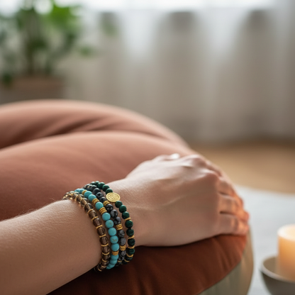 A stacked set of four crystal bracelets featuring turquoise, malachite, smoky quartz, and snowflake obsidian worn on the wrist while resting on a meditation cushion beside a lit candle in a calm indoor setting. — for Carpe Diem Dream
