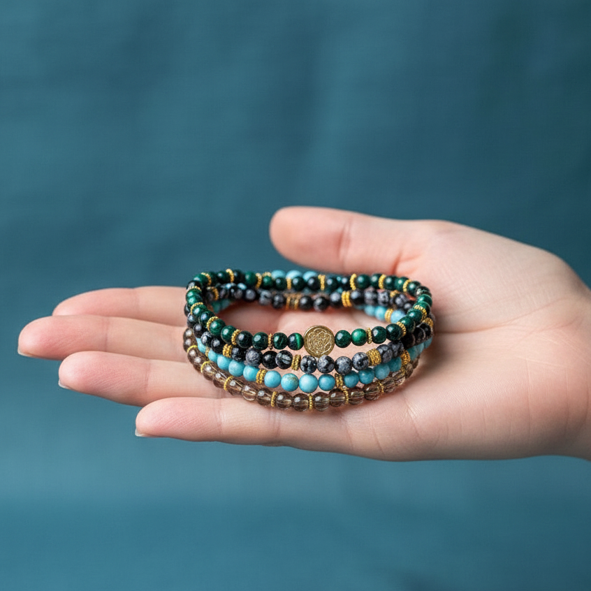 A stacked set of four crystal bracelets featuring turquoise, malachite, smoky quartz, and snowflake obsidian resting in an open hand to demonstrate size and scale against a soft teal background. — for Carpe Diem Dream