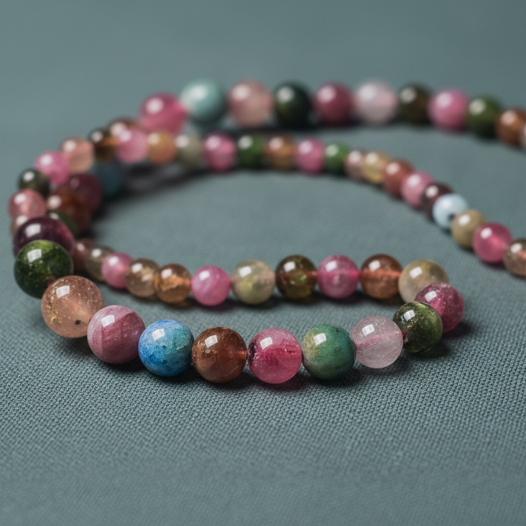 A close-up view of a beaded tourmaline necklace showing multicolored polished stone beads resting on a muted teal fabric surface. — for Carpe Diem Dream