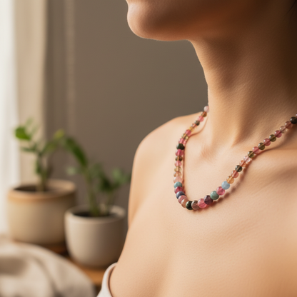 A beaded tourmaline necklace worn on the neck, featuring multicolored polished stone beads in a softly lit indoor lifestyle setting. — for Carpe Diem Dream