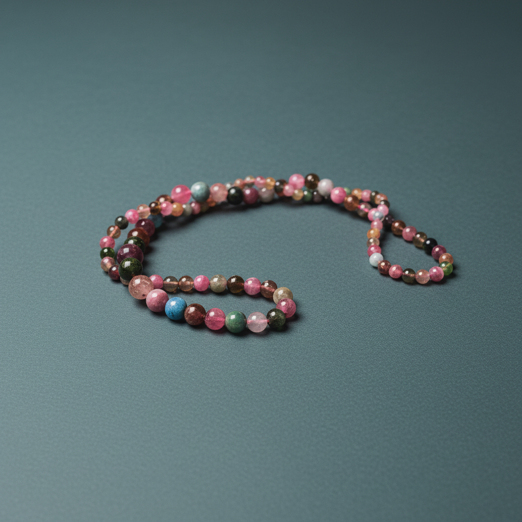A beaded tourmaline necklace arranged in a loose oval on a muted teal textured background. — for Carpe Diem Dream