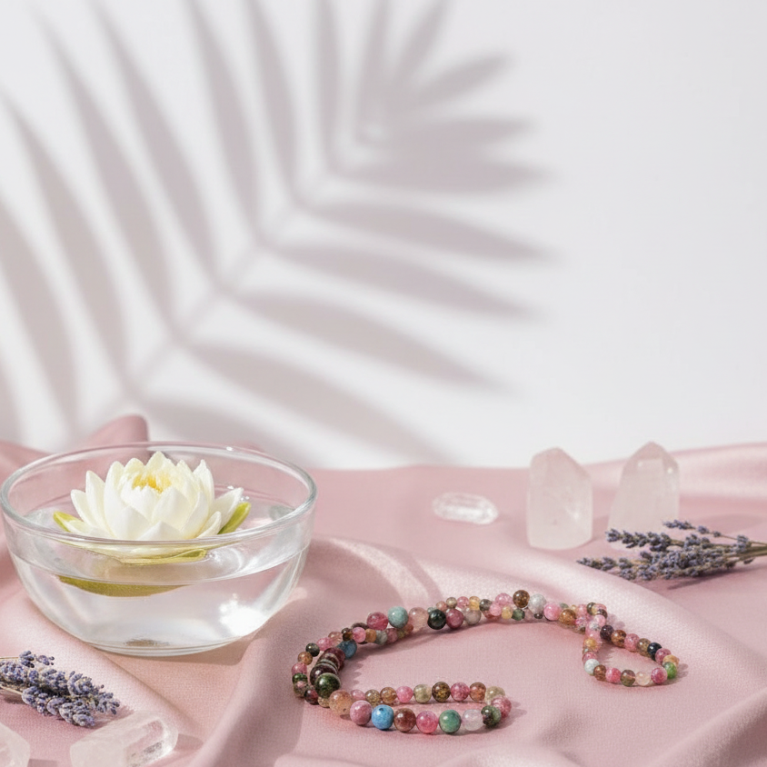 A beaded tourmaline necklace arranged in a loose oval on soft pink fabric with crystals, dried botanicals, and a glass bowl holding a floating flower. — for Carpe Diem Dream
