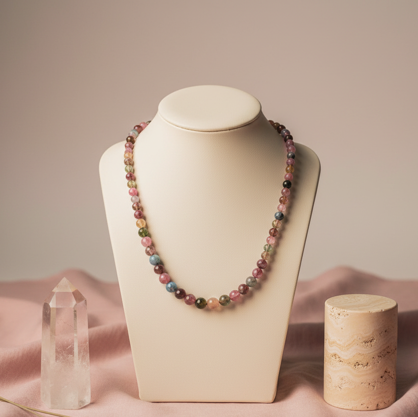 A beaded tourmaline necklace displayed on a cream jewelry bust with multicolored polished stone beads, styled against soft pink fabric with crystal accents. — for Carpe Diem Dream