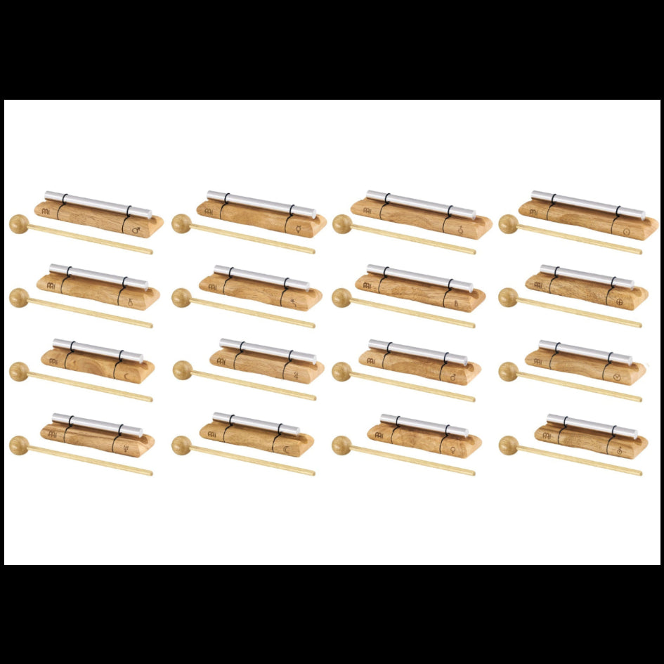Sixteen planetary energy chimes with silver bars and wooden beaters arranged diagonally in a full set layout. — for Carpe Diem Dream