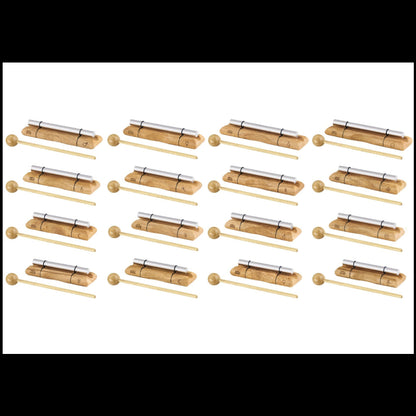 Sixteen planetary energy chimes with silver bars and wooden beaters arranged diagonally in a full set layout. — for Carpe Diem Dream