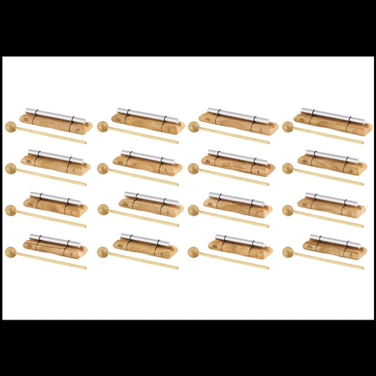 Sixteen planetary energy chimes with silver bars and wooden beaters arranged diagonally in a full set layout. — for Carpe Diem Dream