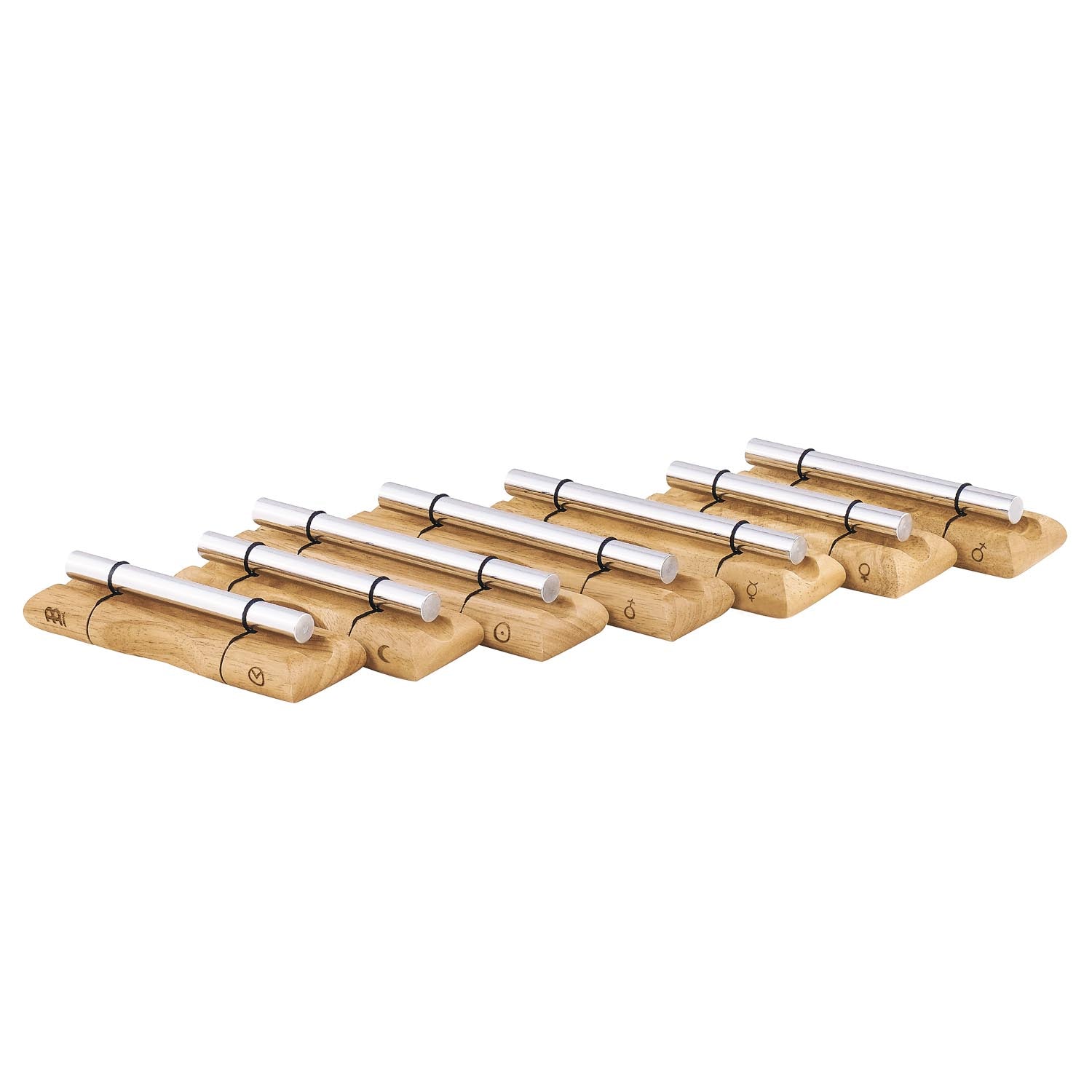 Seven chakra energy chimes with engraved symbols and wooden mallets arranged in a row on a white background. — for Carpe Diem Dream