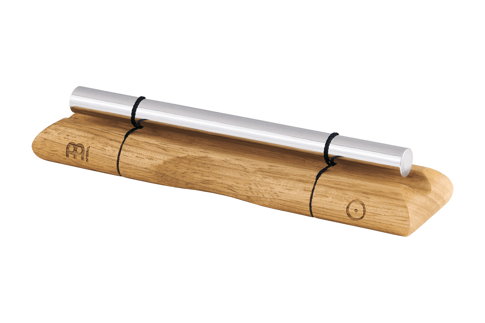 Close-up of a single planetary energy chime with silver metal bar on a wooden base engraved with a circle symbol. — for Carpe Diem Dream