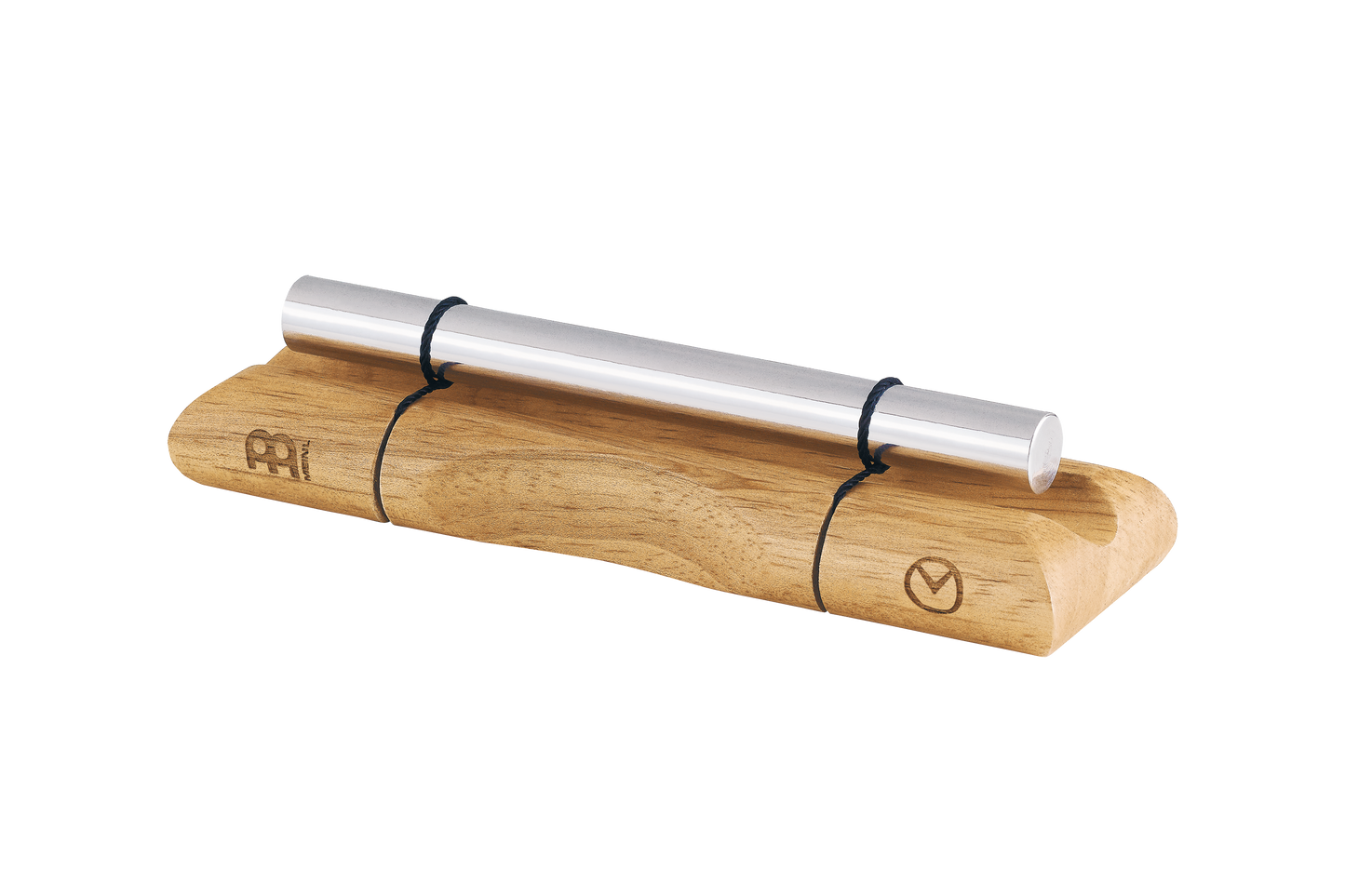 Close-up of a single planetary energy chime with silver metal bar on a wooden base engraved with a planetary symbol. — for Carpe Diem Dream