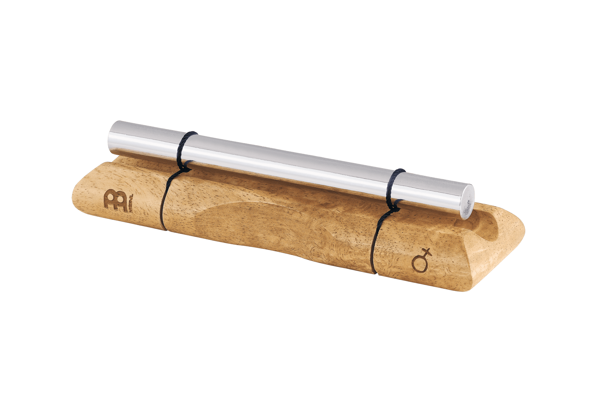 Close-up of a single planetary energy chime with silver metal bar on a wooden base engraved with a planetary symbol. — for Carpe Diem Dream
