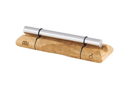 Close-up of a single planetary energy chime with silver metal bar on a wooden base engraved with a planetary symbol. — for Carpe Diem Dream