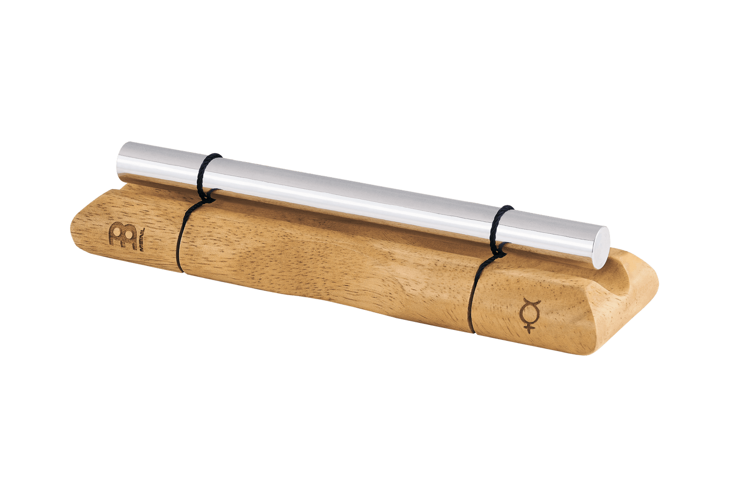 Close-up of a single planetary energy chime with silver metal bar on a wooden base engraved with the Mercury symbol. — for Carpe Diem Dream