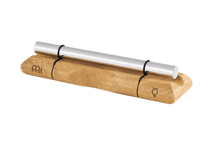 Close-up of a single planetary energy chime with silver metal bar on a wooden base engraved with the Mercury symbol. — for Carpe Diem Dream