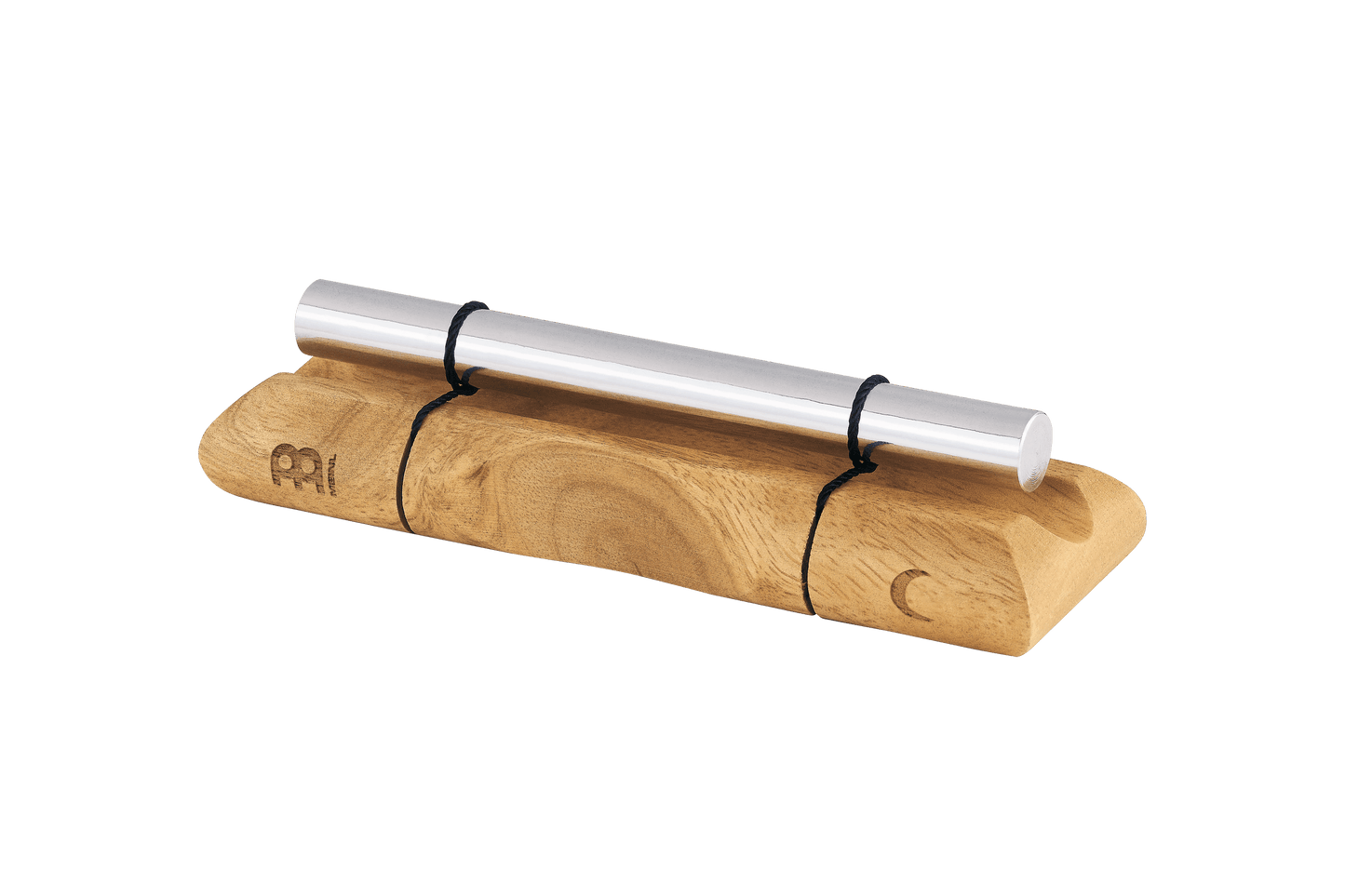 Close-up of a single planetary energy chime with silver metal bar on a wooden base engraved with a crescent moon symbol. — for Carpe Diem Dream