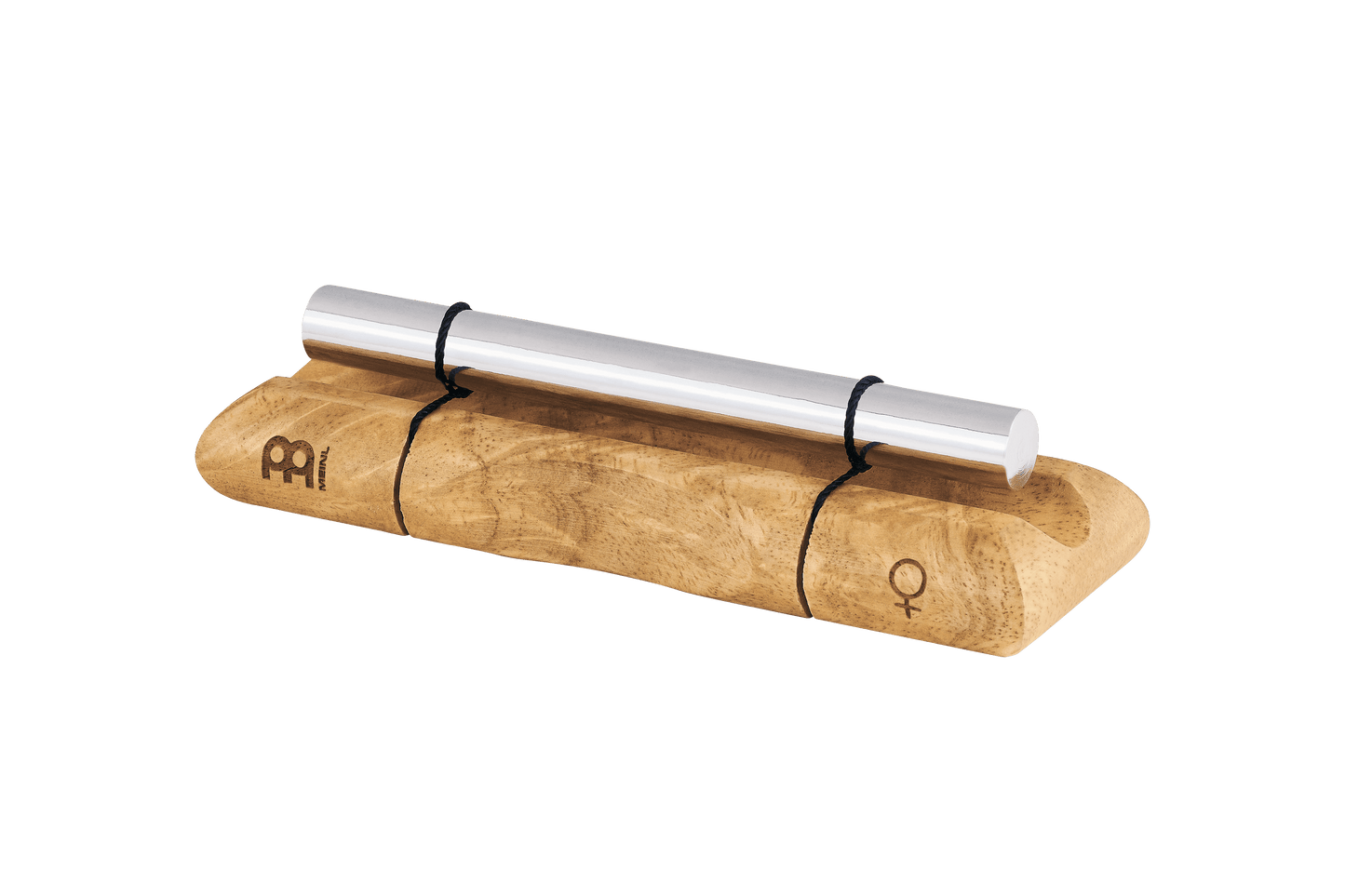 Close-up of a single planetary energy chime with silver metal bar on a wooden base engraved with the Venus symbol. — for Carpe Diem Dream