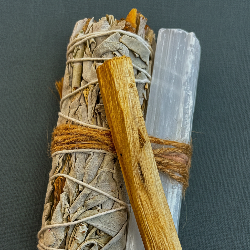 A close-up of a white sage smudge bundle tied with twine alongside a Palo Santo stick and a raw selenite wand on a muted teal fabric background. — for Carpe Diem Dream
