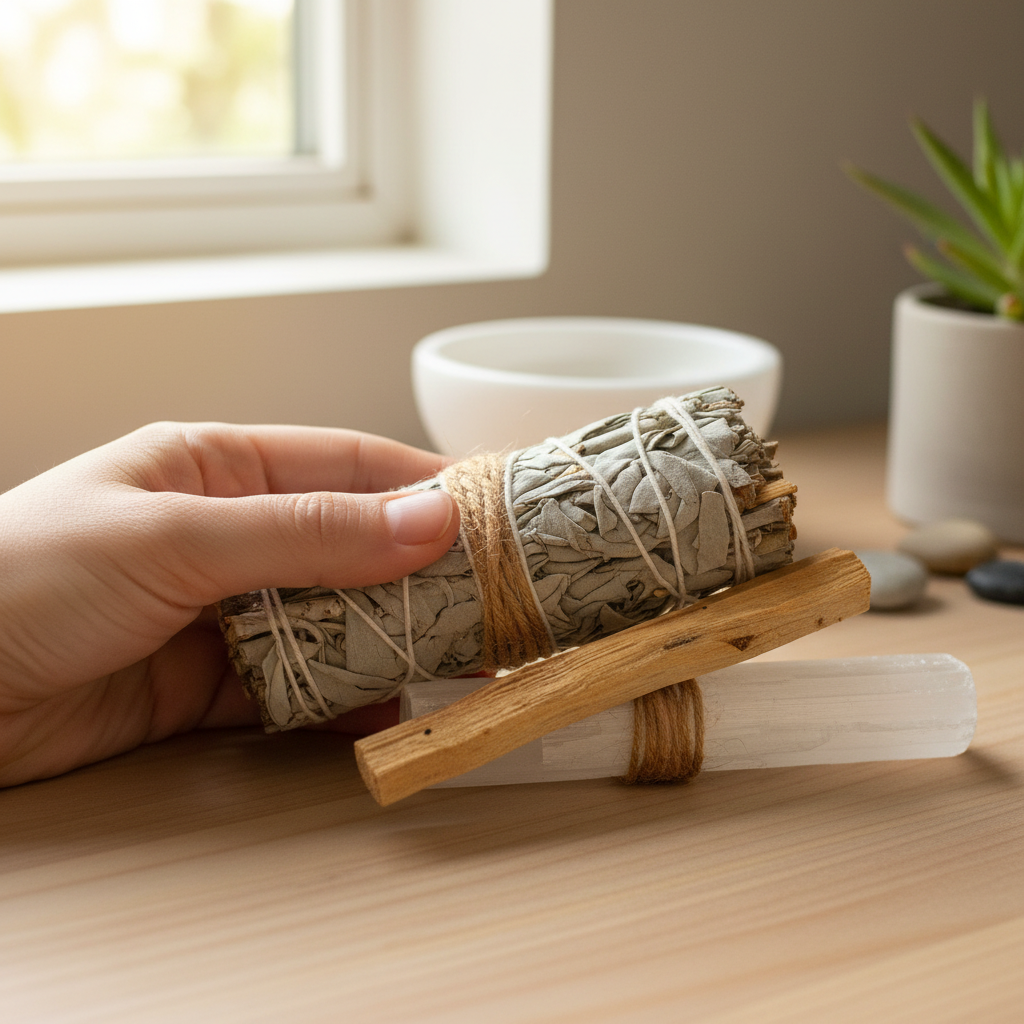 A hand holding a white sage smudge bundle with a Palo Santo stick and a raw selenite wand on a wooden surface near a window in a calm home setting. — for Carpe Diem Dream