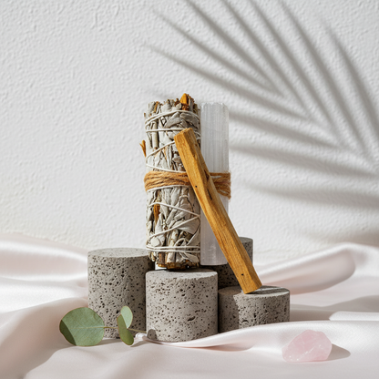 A white sage smudge bundle with Palo Santo and a raw selenite wand displayed on textured stone pedestals with soft botanical shadows on a light neutral backdrop. — for Carpe Diem Dream
