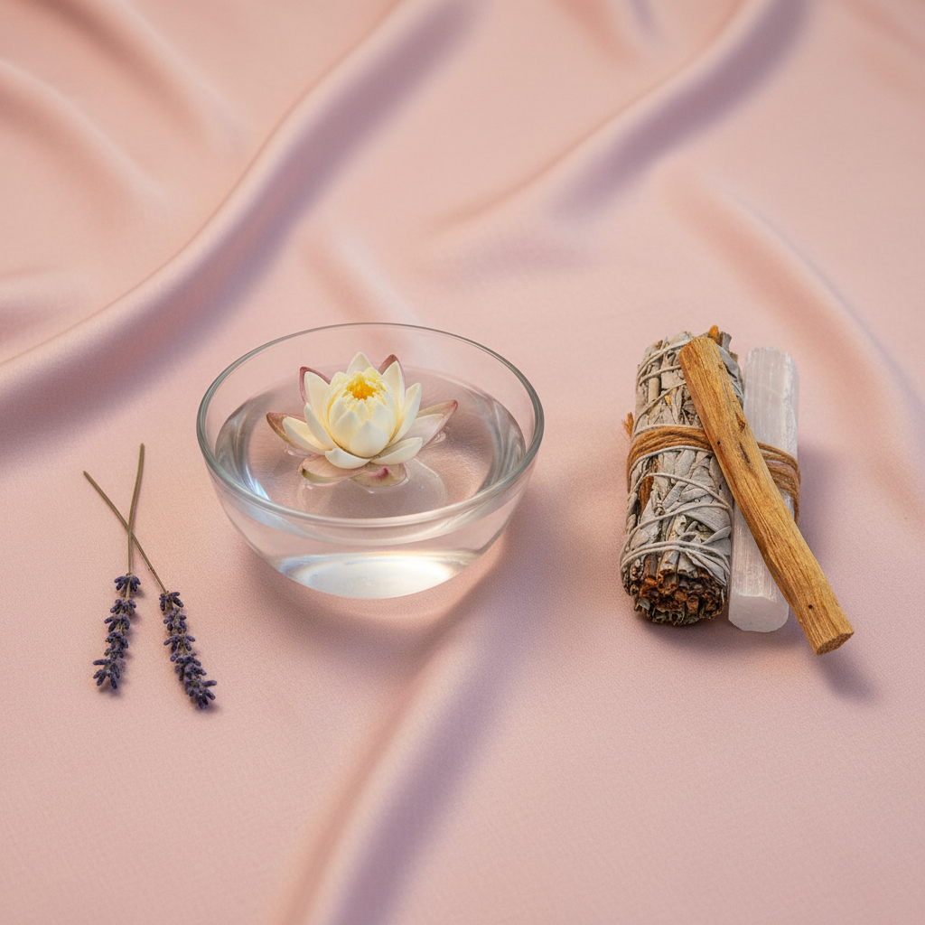 A white sage smudge bundle with a Palo Santo stick and a raw selenite wand displayed beside a glass lotus bowl and lavender sprigs on soft blush fabric. — for Carpe Diem Dream