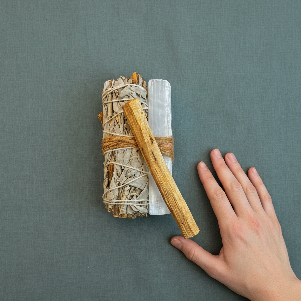 A white sage smudge bundle with a Palo Santo stick and a raw selenite wand shown beside a hand for size reference on a muted teal background. — for Carpe Diem Dream
