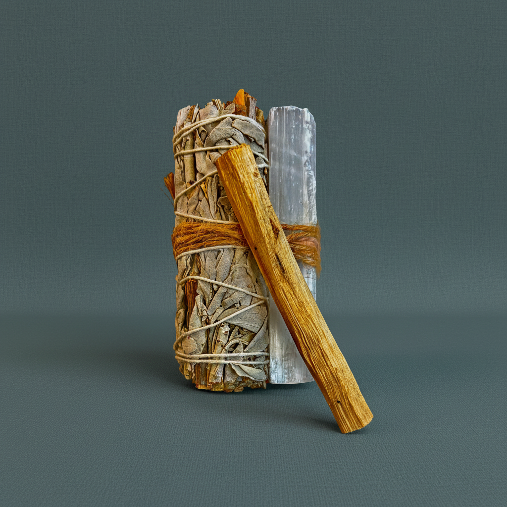 A white sage smudge bundle with Palo Santo and a raw selenite wand standing upright against a muted teal background. — for Carpe Diem Dream