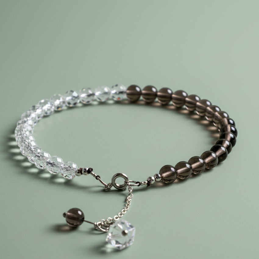 Clear Quartz and Smoky Quartz gemstone anklet displayed in a circular layout on soft sage surface with dangling charm — for Carpe Diem Dream