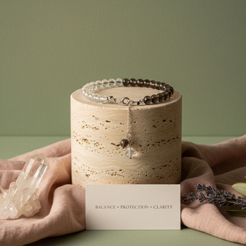 Smoky Quartz and Clear Quartz gemstone anklet displayed on travertine pedestal with affirmation card and crystals against muted sage backdrop. — for Carpe Diem Dream