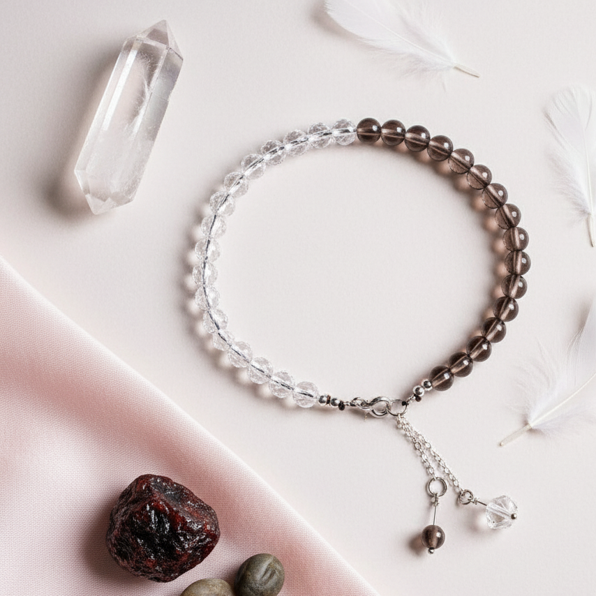 Smoky Quartz and Clear Quartz anklet displayed on soft blush fabric with scattered feathers and gemstones. — for Carpe Diem Dream
