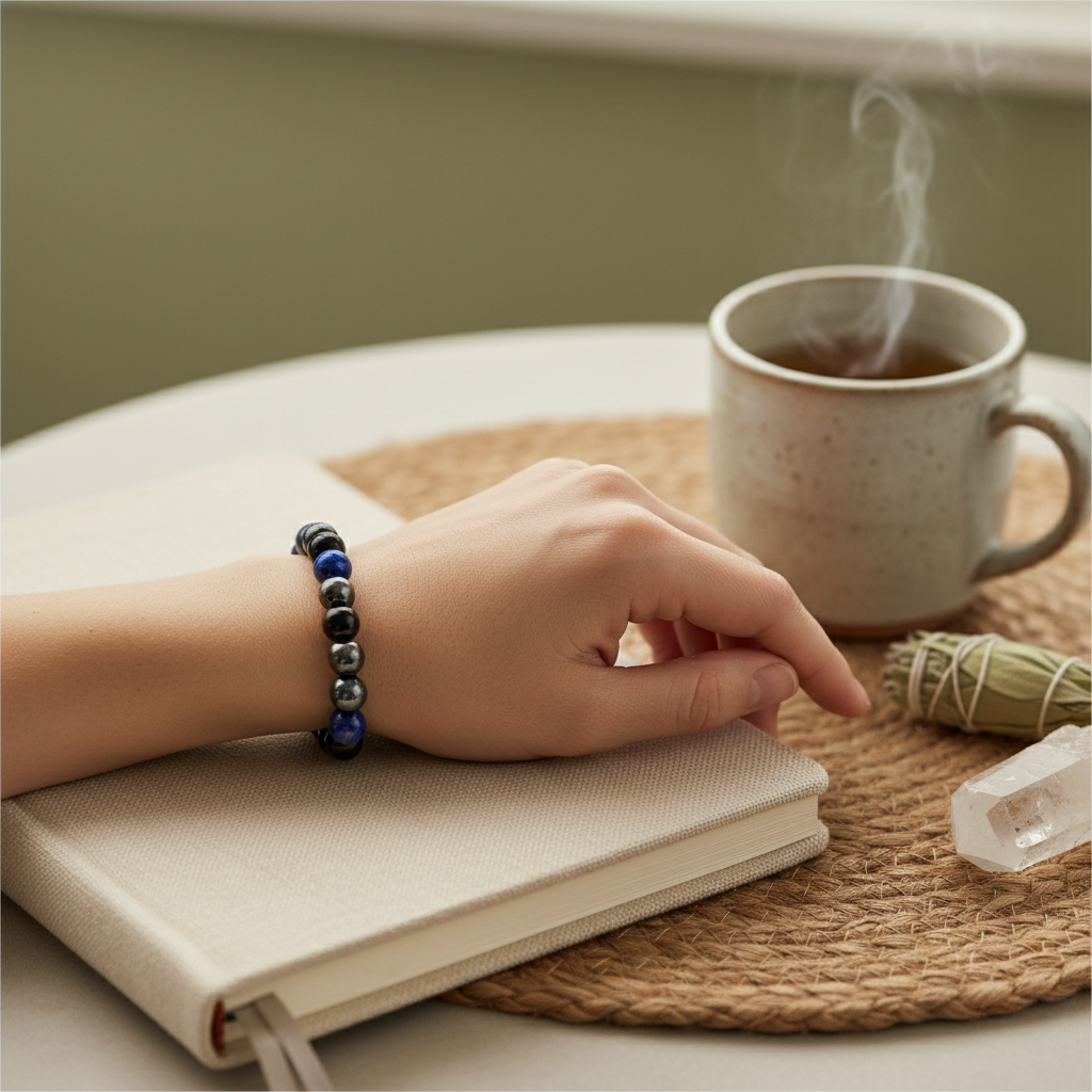 Lapis lazuli, onyx, and hematite gemstone bracelet worn on wrist resting over closed journal beside steaming mug and sage bundle in soft natural light. — for Carpe Diem Dream