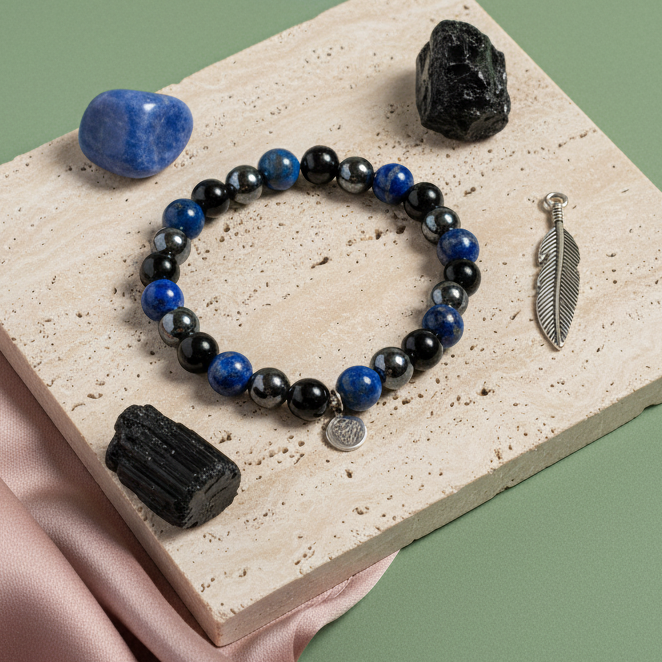 Lapis lazuli, onyx, and hematite gemstone bracelet displayed on travertine pedestal with matching stones and silver feather charm against soft sage backdrop. — for Carpe Diem Dream
