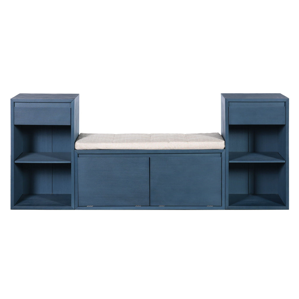 Blue entryway storage bench with cushion, drawers, open shelves, and flip-top storage compartments. — for Carpe Diem Dream.