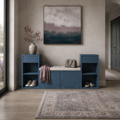 Blue entryway storage bench styled in a calm entryway with shoes, a structured bag, mauve throw, soft stone décor, and cool neutral accents. — for Carpe Diem Dream