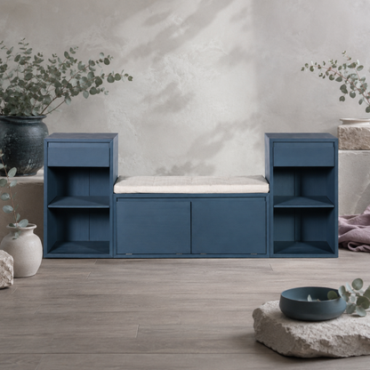 Blue entryway storage bench styled in a botanical studio with eucalyptus, Roman Clay walls, mauve linen, and cool stone accents. — for Carpe Diem Dream.
