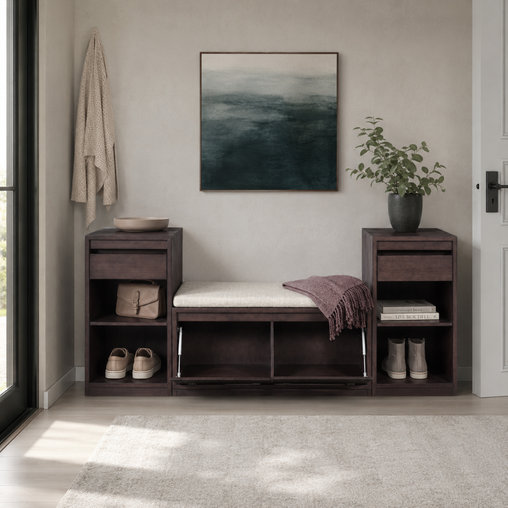 Dark brown entryway storage bench styled in a peaceful entryway with shoes, a small bag, mauve throw, eucalyptus, and cool neutral décor. — for Carpe Diem Dream