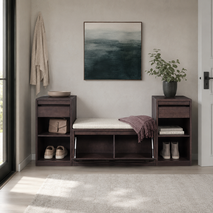 Dark brown entryway storage bench styled in a peaceful entryway with shoes, a small bag, mauve throw, eucalyptus, and cool neutral décor. — for Carpe Diem Dream