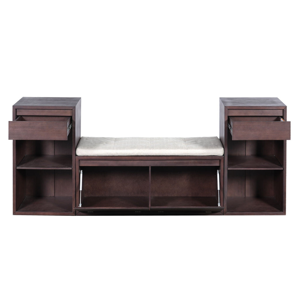 Dark brown entryway storage bench with cushion, drawers, open shelves, and flip-top storage compartments. — for Carpe Diem Dream