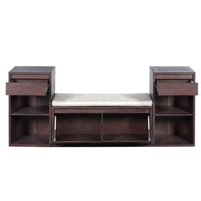 Dark brown entryway storage bench with cushion, drawers, open shelves, and flip-top storage compartments. — for Carpe Diem Dream