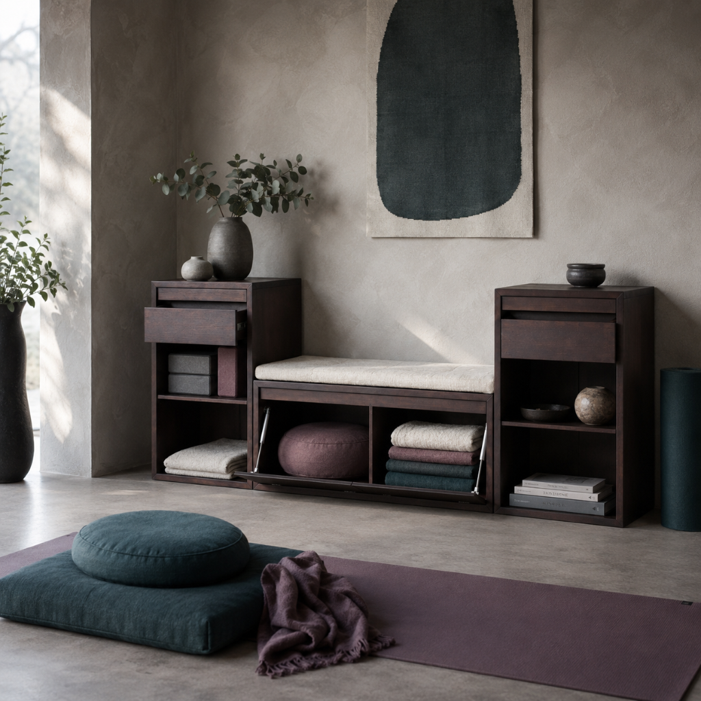 Dark brown entryway storage bench styled in a serene yoga and meditation room with folded blankets, bolsters, eucalyptus, dark teal cushions, and mauve accents. — for Carpe Diem Dream