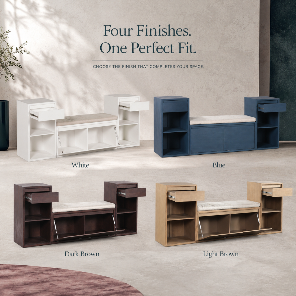 Entryway storage bench shown in four finish options: white, blue, dark brown, and light brown, with cushion, drawers, open side shelves, and flip-front storage doors. — for Carpe Diem Dream
