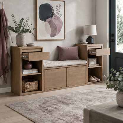 Light brown entryway storage bench styled in an airy entryway with open drawers, flip-front storage doors, a mauve pillow, woven basket, shoes, and soft neutral décor. — for Carpe Diem Dream