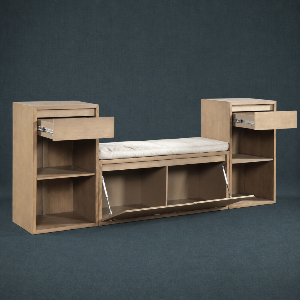 Light brown entryway storage bench with cushion, drawers, open shelves, flip-top storage compartments, and dark teal linen backdrop. — for Carpe Diem Dream
