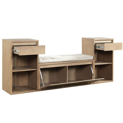 Light brown entryway storage bench with cushion, drawers, open shelves, and flip-top storage compartments. — for Carpe Diem Dream