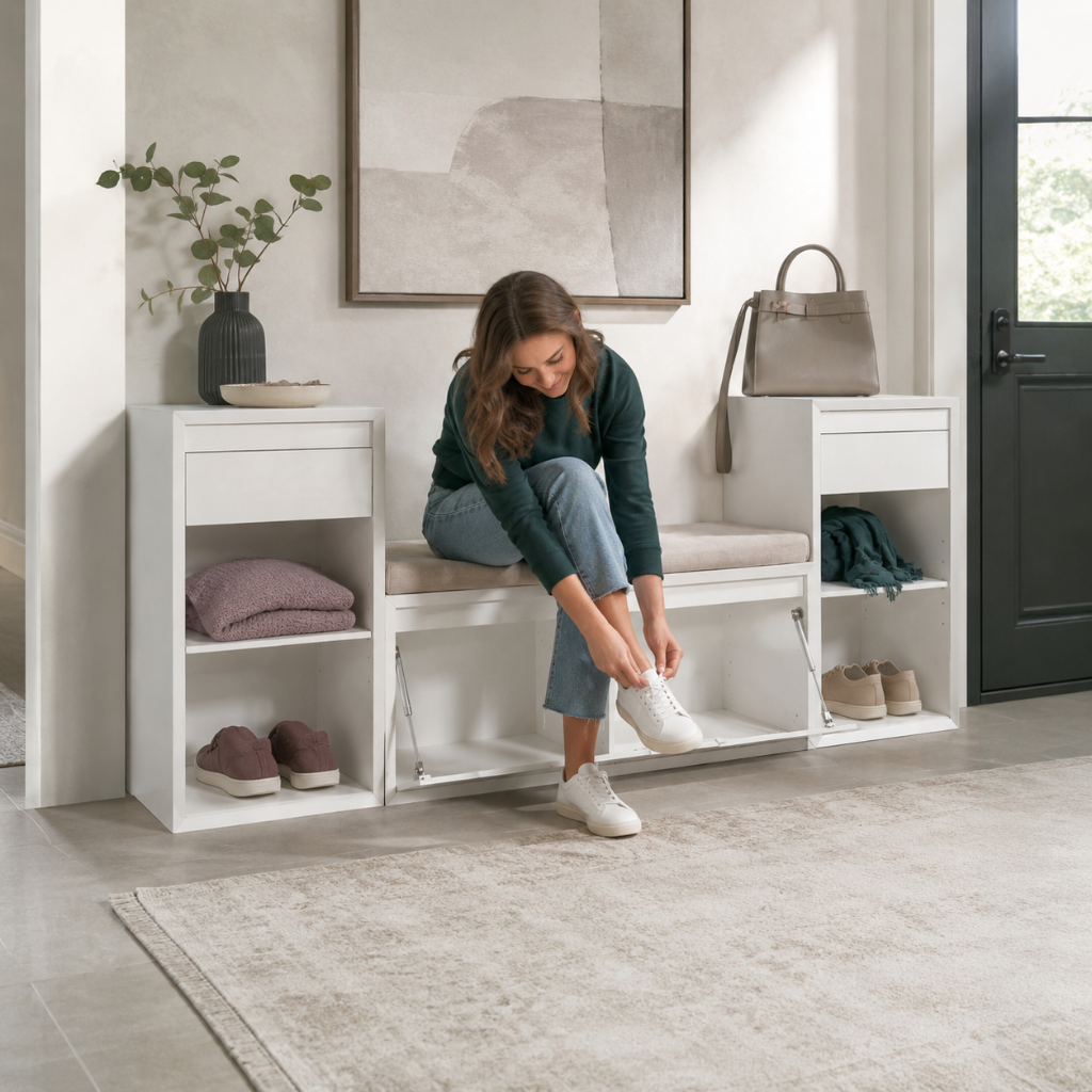 White entryway storage bench shown in use with a cushioned seat, flip-front storage doors, open side shelves, shoes, a structured bag, and cool entryway styling. — for Carpe Diem Dream