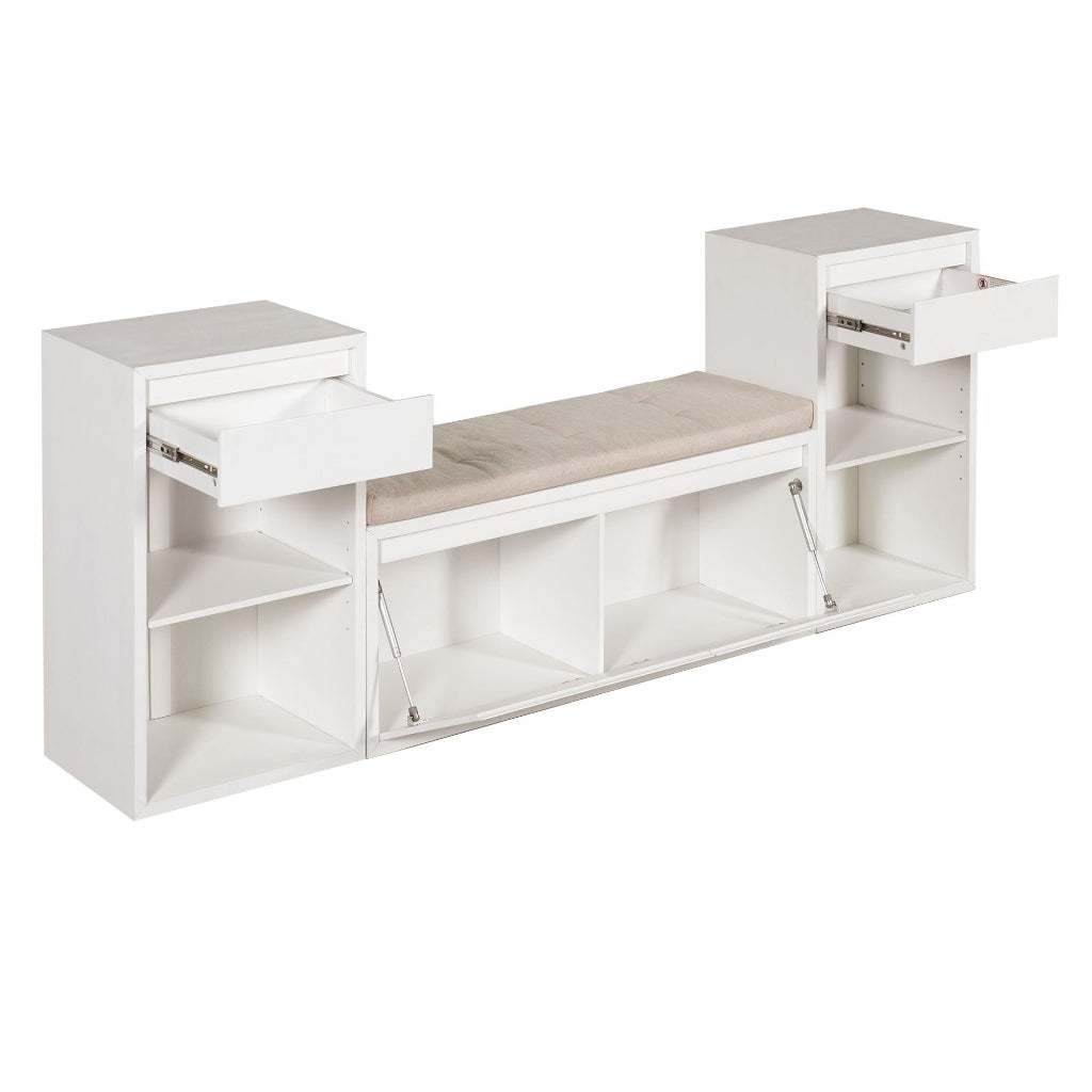White entryway storage bench with cushion, drawers, open shelves, and flip-top storage compartments. — for Carpe Diem Dream