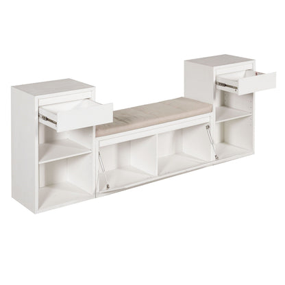 White entryway storage bench with cushion, drawers, open shelves, and flip-top storage compartments. — for Carpe Diem Dream