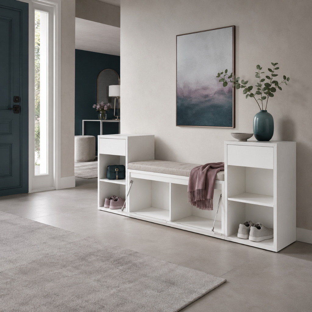 White entryway storage bench styled in a calm foyer with shoes, a small bag, mauve throw, dark teal accents, and soft neutral décor. — for Carpe Diem Dream