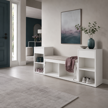 White entryway storage bench styled in a calm foyer with shoes, a small bag, mauve throw, dark teal accents, and soft neutral décor. — for Carpe Diem Dream
